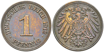 ГЕРМАНИЯ 1 ПФЕННИГ 1912 J KM 10, Jager. 10, Weege 2 медь 4528-867