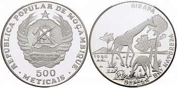 Мозамбик 500 метикалей 1990 серия защита окружающей среды, жирафы, тираж 2500 экз. KM 113 серебро PROOF 1076-9-52