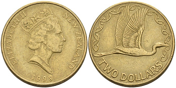 Новая Зеландия 2 доллара 1998 Елизавета II (1952-2022), большая белая цапля KM 79 алюминиевая бронза 59-1512