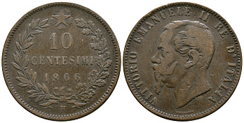 ИТАЛИЯ 10 ЧЕНТЕЗИМО 1866 H, ВИКТОР ЭММАНУИЛ II (1861-1878) KM 11.3 медь 4381-134