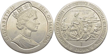 ОСТРОВ МЭН 1 КРОНА 1989 200 ЛЕТ ИНАУГУРАЦИИ ПРЕЗИДЕНТА ВАШИНГТОНА, ПЕРЕПРАВА ЧЕРЕЗ РЕКУ ДЕЛАВЭР KM 246 медно-никель UNC 107-922