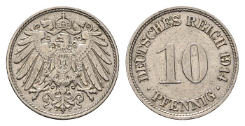 Германия 10 пфеннигов 1914 F, Вильгельм II (1888-1918) KM 12, J. 13 медно-никель 4636-1044