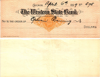 США пустой чек 1899 The Western State Bank бумага 434-23-3-1