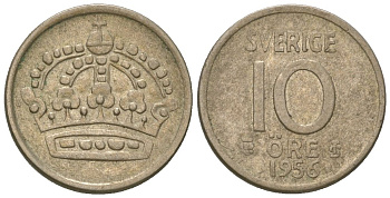 Швеция 10 эре 1956 TS, Густав VI Адольф (1950-1973) KM 823 серебро 4617-1152