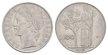 Италия 100 лир 1961 R, Афина в доспехах KM 96.1 нержавеющая сталь 4556-113