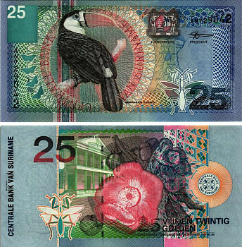 Суринам 25 гульденов 2000 белогрудый тукан, курупита гвианская Pick 148 бумага UNC (пресс) 7220-39-1