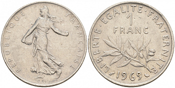 ФРАНЦИЯ 1 ФРАНК 1969 СЕЯТЕЛЬ KM 925.1 никель 186-336