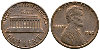 США 1 цент 1982 Линкольн KM 201b цинк плакированный медью    4608-363