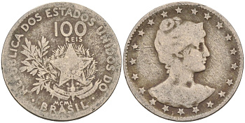 Бразилия 100 рейс 1901 голова свободы вправо KM 503 медно-никель 4589-1024