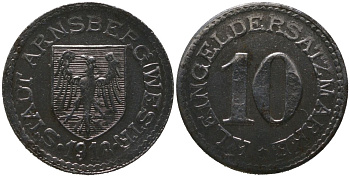 Арнсберг (Пруссия,Вестфалия) 10 пфенингов 1918 Funck 19.5, Men05 678.8, Men18 920.8 железо 4525-933