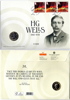 Великобритания 2 фунта 2021 75 лет со дня смерти Герберта Джорджа Уэллса, в оригинальном конверте, с марками, первый день гашения KM 2001, Spink K63 биметалл BU 8-2-06-47