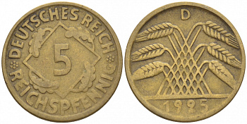 ГЕРМАНИЯ 5 РЕЙХСПФЕННИГОВ 1925 D, KM 39, J. 316 алюминиевая бронза 4396-1627