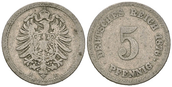 Германия 5 пфеннигов 1876 A, Вильгельм I (1871-1888) KM 3, J. 3 медно-никель 4615-725