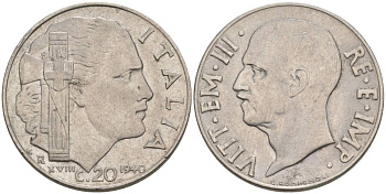 ИТАЛИЯ 20 ЧЕНТЕЗИМО 1940 R, ГОД XVIII, ВИКТОР ЭММАНУИЛ III (1900-1946), СЛАБО МАГНИТНАЯ, ГУРТ РИФЛЁНЫЙ KM 75d, VEM3. 1026a) нержавеющая сталь 3853-536