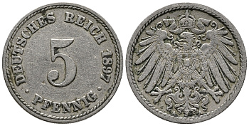 ГЕРМАНИЯ 5 ПФЕННИГОВ 1897 A KM 11, J. 12 медно-никель 39-724