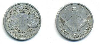 ФРАНЦИЯ 1 ФРАНК 1943 LB, ТИП LEGERE, ПРАВИТЕЛЬСТВО ВИШИ KM 902.1, LE FRANC 223.3 алюминий 84-242