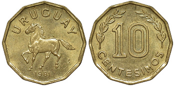 Уругвай 10 сентесимо 1981 KM 66 алюминиевая бронза 4169-513