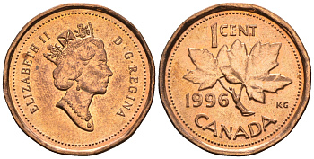Канада 1 цент 1996 Елизавета II (1952-2022), кленовый лист KM 181 бронза 4609-252