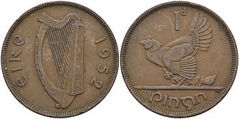 Ирландия 1 пенни 1952 курица с цыплятами KM 11 бронза 4137-723