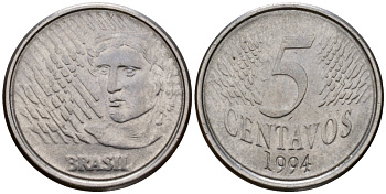 Бразилия 5 сентаво 1997 реформа 1994-, голова свободы влево KM 632 нержавеющая сталь 217-1236