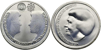 Нидерланды 10 евро 2002 королевская свадьба Виллема-Александра и принцессы Максимы KM 243 серебро UNC 650-1112