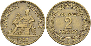 Франция 2 франка 1922 тип Chambres de Commerce KM 877, LE FRANC 267.4 алюминиевая бронза 180-515