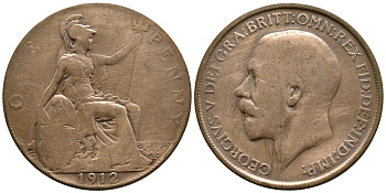 Великобритания 1 пенни 1912 Георг V (1910-1936) KM 810, Spink 4051 бронза 08-645