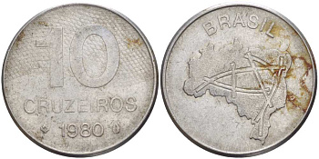 Бразилия 10 крузейро 1980 карта Бразилии KM 592.1 нержавеющая сталь 51-2742