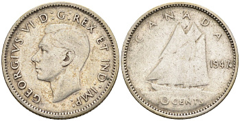 Канада 10 центов 1947 Георг VI (1937-1952), парусник, Marle leaf KM 34 серебро 4585-726
