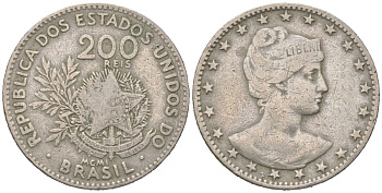 Бразилия 200 реалов 1901 MCMI, голова свободы вправо KM 504 медно-никель 4612-241