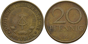 ГДР 20 пфеннигов 1969 A, первый год KM 11 латунь 92-735