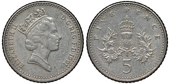 Великобритания 5 пенсов 1991 Елизавета II (1952-2022) KM 937b, Spink 4372 (D4) медно-никель 4124-649