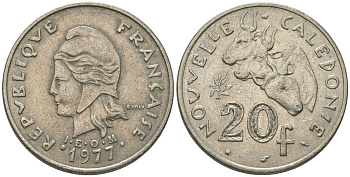 Французская Новая Каледония 20 франков 1977 три быка, (IEOM) KM 12, Schoen 14, Lec 107 никель 4680-416