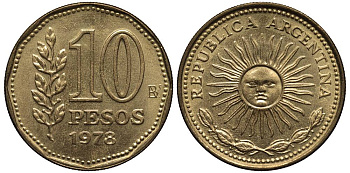 Аргентина 10 песо 1977 Ba, майское солнце KM 72 алюминиевая бронза 4525-953