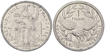 Французская Новая Каледония 1 франк 2008 птица кагу, (IEOM) KM 10, Schoen 10 алюминий 55-411