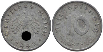 ГЕРМАНИЯ 10 РЕЙХСПФЕННИГОВ 1942 F KM 101, J. 371 цинк 4401-712