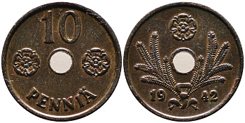ФИНЛЯНДИЯ 10 ПЕННИ 1942 KM 33.1 медь 4387-439