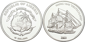 Либерия 10 долларов 2003 парусное судно "Deutschland" 1848 год, Hapag, тираж 5000 экз. KM 1030 серебро PROOF 1095-8-63