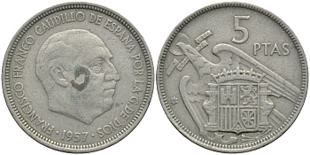 Испания 5 песет 1957 (60) Франсиско Франко (1939-1975) KM 786 медно-никель 4171-512