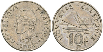 Французская Новая Каледония 10 франков 2008 рыбачья парусная лодка, (IEOM) KM 11a, Schoen 13a, Lec 99k медно-никель 60-715