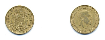 Испания 1 песета 1966 (74) Франсиско Франко (1939-1975) KM 796 алюминиевая бронза 54-666