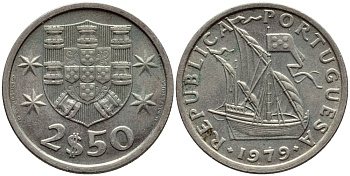 ПОРТУГАЛИЯ 2,5 ЭСКУДО 1979 ПАРУСНИК KM 590 медно-никель 4396-152