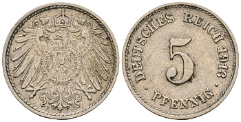 Германия 5 пфеннигов 1913 F, KM 11, J. 12 медно-никель 220-719