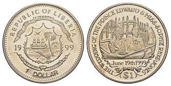 Либерия 1 доллар 1999 Свадьба Принца Эдварда и Софи Рис-Джонс KM 413 медно-никель BU 1082-9-51