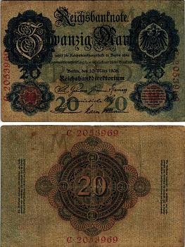 ГЕРМАНИЯ 20 МАРОК 1906 10 МАРТА 1906, СЕМЬ ЦИФР В НОМЕРЕ СЕРИИ Pick 25b бумага 6293-58-3-2