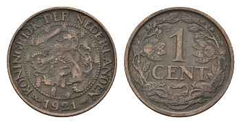 Нидерланды 1 цент 1921 Вильгельмина (1890-1948) KM 152 бронза 4674-1123