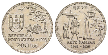 Португалия 200 эскудо 1993 450 лет искусству намбан KM 668 медно-никель UNC 1101-4-32