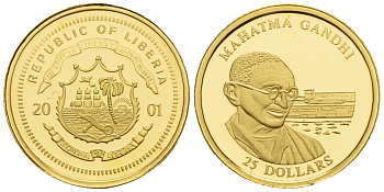 Либерия 25 долларов 2001 Махатма Ганди золото PROOF 00-819-46
