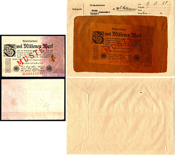 Германия 2000000 марок 1923 фиолетовый, 9 августа, MUSTER, образец, Specimen. В оригинальном банковском конверте. Из коллекции Отто Сейфферта (помощник Ялмара Шахта - министра экономики Германии и президента Рейхсбанка времен третьего рейха) Pick 103 s, G