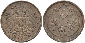 АВСТРИЯ 2 ГЕЛЛЕРА 1894 ФРАНЦ ИОСИФ (1846-1918) KM 2801 бронза 4551-1046